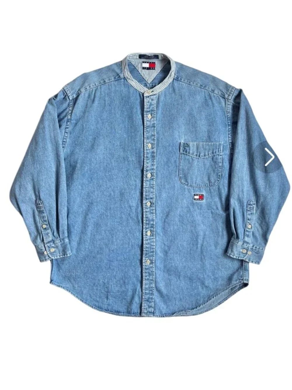 Vtg 90's Tommy Jeans Band Collar Denim Shirt XL Men's Logo Embroidery Button - Picture 1 of 14